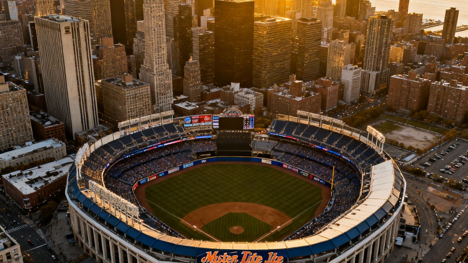 从空中俯瞰纽约大都会人寿体育场的壮丽航拍画面，球场坐落于城市天际线前方
